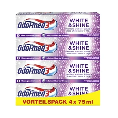 Abbildung von Odol med3 Zahnpasta White &amp; Shine, Whitening/Zähne aufhellen, 4x 75ml, med 3 Zahncreme Bewährter 3in1 Schutz.