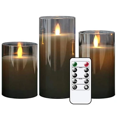 Abbildung von Eldnacele LED Kerzen mit Timerfunktion flackernde Flamme, elektrische Echtwachskerzen im Glas, beweglicher Docht, 3 teilige flammenlose Set Fernbedienung, Art u. Zimmer Deko, Grau