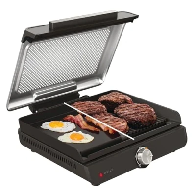 Abbildung von Ninja Sizzle Elektrogrill Indoor &amp; Plancha (Flat Grill Plate) mit Antihaft Grillplatte, abnehmbarer spülmaschinenfester Deckel, Fettauffangbehälter, Temperaturregler Rezeptbuch, Grau GR101EU