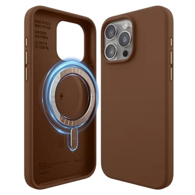 Abbildung von elago Magnetische Silikonhülle Kompatibel mit iPhone 15 Pro Max Hülle, MagSafe Alles Zubehör, Integrierte Magnet, Premium Silikon, Ganzkörper Schutzhülle [5 Lagige Struktur] (Braun)