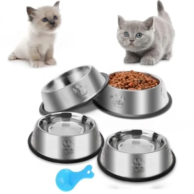 Abbildung von Katzennapf, Futternapf , 4 Stück Katzennäpfe rutschfest Napf Set, Fressnapf Katze aus Edelstahl Futterschüssel Wasser Fütterung Schüssel