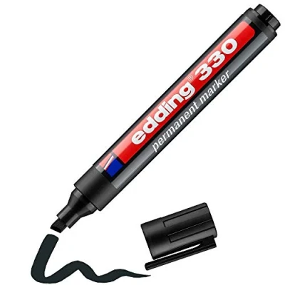 Abbildung von edding 330 Permanentmarker schwarz 1 Stift Keil Spitze 5 mm wasserfest, schnell trocknend wischfest für Karton, Kunststoff, Glas, Holz, Metall, Glas
