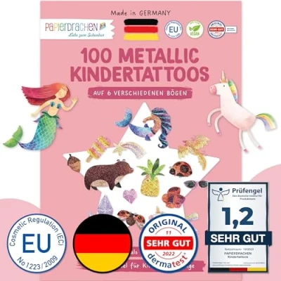 Abbildung von Papierdrachen 100 Metallic Tattoos für Kinder Hautfreundliche Kindertattoos Beach Vibes als Geburtstagsmitgebsel &amp; Geschenkidee Jungen und Mädchen in Deutschland hergestellt