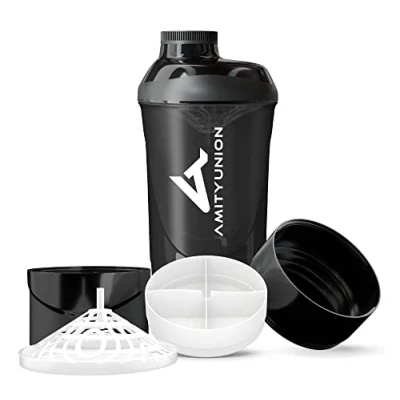 Abbildung von Fitness Shaker 700 ml mit 2 Extra Fächern Deluxe Protein komplett auslaufsicher BPA frei Sieb und Skala für Whey BCCA Pulver, Trinkflasche Trainings Boster Schwarz Smoke Cup
