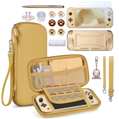 Abbildung von innoAura Switch Lite Hülle 18 in 1 Zubehörset mit Tasche, Spielhülle, Displayschutz, Ständer, Daumengriffe (Braun)