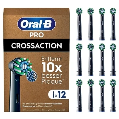 Abbildung von Oral B Pro CrossAction Aufsteckbürsten für elektrische Zahnbürste, 12 Stück, Zahnreinigung, X Borsten, Original Zahnbürstenaufsatz, briefkastenfähige Verpackung, Made in Germany, schwarz