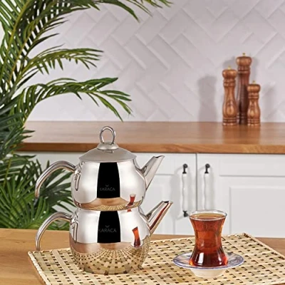 Abbildung von Karaca Adelya Mini Teekannen Set aus Metall, Teekanne 0,65 Lt + Teekannendeckel Trinker 1,1 Türkische Teekocher, Edehlstahl, Induktionsgeeignet, Spülmaschinengeeignet, Teapot, Caydanlik