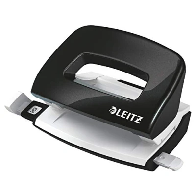 Abbildung von Leitz Mini Locher aus Metall, kleiner für 10 Blatt, Anschlagschiene mit Formatangaben, Ergonomisches Design, schwarz, WOW Serie, 50601095