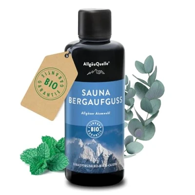 Abbildung von AllgäuQuelle® Saunaaufguss mit 100% Bio Öle Atemwohl Eukalyptus Minze Salbei Cajeput (100ml). Natürlicher Sauna Aufguss m. ätherische im Mittel. Saunaöl naturrein Saunaduft