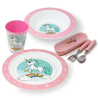 Abbildung von damaloo Einhorn Kinder Geschirrset Mädchen Teller, Schüssel, Becher und Kinderbesteck Kindergeschirr als Frühstücksset Geschirr Plastik Essgeschirr Wiederverwendbar &amp; BPA frei