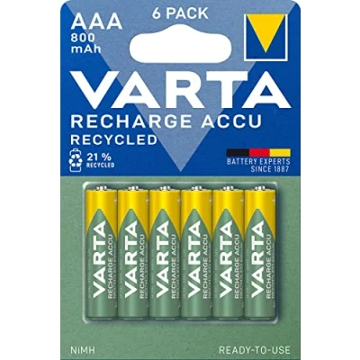 Abbildung von VARTA Batterien AAA, wiederaufladbar, 6 Stück, Recharge Accu Recycled, Akku, 800 mAh Ni Mh, aus 21% recyceltem Material, vorgeladen, sofort einsatzbereit