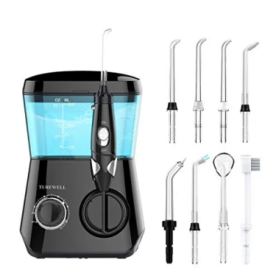 Abbildung von Munddusche Elektrische TUREWELL Zahnzwischenraumreiniger mit 10 Druckstufen und 8 Düsen,IPX7 Wasserdicht Oral Irrigator, 600ML Wasser Flosser für Zuhause (Schwarz)