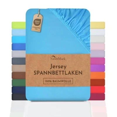 Abbildung von NatureMark Jersey Spannbettlaken, Spannbetttuch 100% Baumwolle in vielen Größen und Farben MARKENQUALITÄT ÖKOTEX Standard 100 180 x 200 cm türkis
