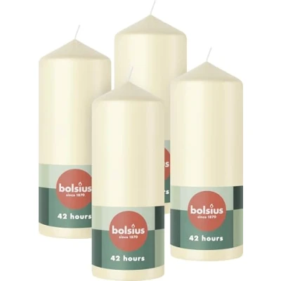 Abbildung von Bolsius Glatte Stumpenkerzen Elfenbein 4 Stück 15 x 6 cm Dekorative Haushaltkerzen Länge Brenndauer 42 Stunden Unparfümierte Enthält Natürliches Pflanzenwachs Ohne Palmöl