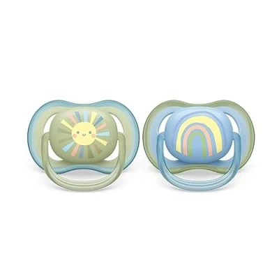 Abbildung von Philips AVENT ultra air Schnuller 2er Pack, BPA freier, atmungsaktiver für Babys von 0 6 Monaten, inklusive Transport und Sterilisationsbox, grün/blau (Modell SCF085/58)