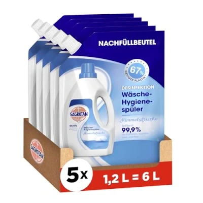 Abbildung von Sagrotan Wäsche Hygienespüler Himmelsfrische Nachfüller Desinfektionsspüler für hygienisch saubere und frische 5 x 1,2 l Reiniger im praktischen Vorteilspack