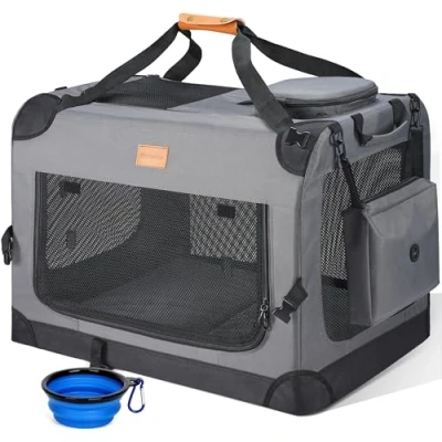 Abbildung von Morpilot Hundetransportbox M 60x42x42cm, faltbar Hundebox Auto Zuhause für 12kg, Transporttasche Haustiertransportbox Hundetragetasche mit faltbarem Napf, Schultergurt Aufbewahrungstaschen