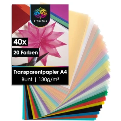 Abbildung von OfficeTree 40 x Transparentpapier Bunt A4 Pergamentpapier 20 Farben inkl. Gold &amp; Silber Buntes zum Basteln von Laternen