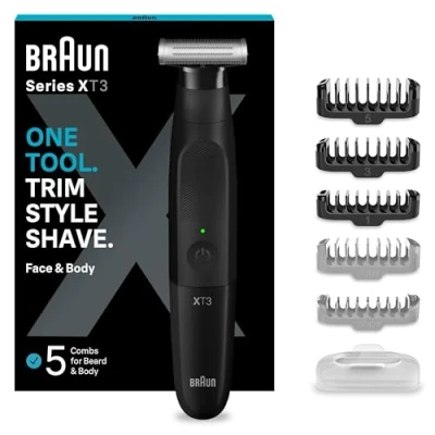 Abbildung von Braun Series X Barttrimmer/ Bodygroomer / Elektrorasierer Herren Haarschneidemaschine Profi, 5 Aufsätze für Gesicht und Körper, 45 Min. kabellose Laufzeit, Bartschneider, XT3200