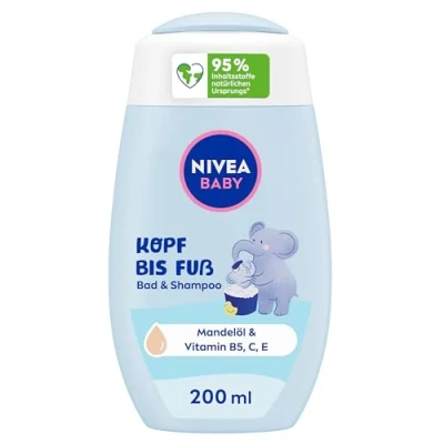 Abbildung von NIVEA Baby Kopf bis Fuß Bad &amp; Shampoo, sanftes veganes Shampoo für Haut und Haare mit Mandelöl, entspannendes Duschgel hypoallergener Formel ohne Parabene Mikroplastik (200 ml)