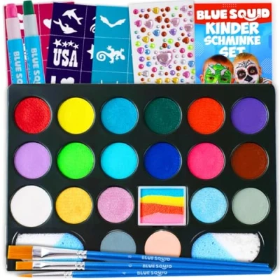 Abbildung von Blue Squid Kinderschminke Set Ideales Schminke, 22 Farben, 160pcs, Schablonen, Edelsteine, Haarkreiden, Pinsel, Glitzer, Schwämme, Broschüre, professionelle Schminkset für Kinder KörperGesichtsFarben