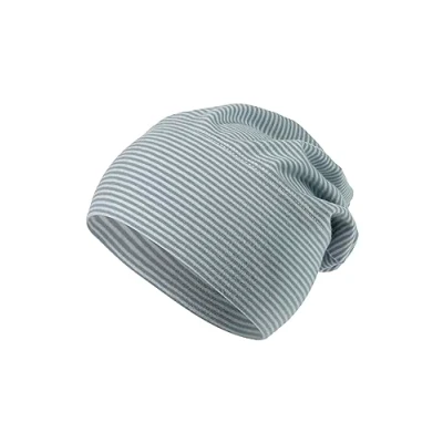 Abbildung von Sterntaler GOTS Beanie Ringel Erstlingsmütze aus Singlejersey (Bio) gestreift anschmiegsame Unisex Mütze variabel tragbar Baby und Kinder Übergangsmütze, graublau, Größe 37