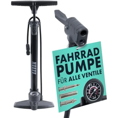 Abbildung von AARON AIR Fahrrad Standpumpe mit Manometer für alle Ventile, Hochdruck Fahrradpumpe Rennrad, Luftpumpe, Pumpe Ball Aufsatz, schwarz