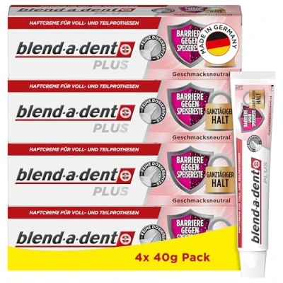 Abbildung von Blend a dent Plus Barriere Gegen Speisereste Haftcreme für Voll &amp; Teilprothesen, Made in Germany, Geschmacksneutral, 4x40g, Orange