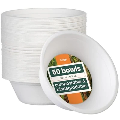 Abbildung von HAAGO 50 Zuckerrohr Pappschalen (350ml), Einweg Schüsseln, Suppenschalen, Pappschüsseln, Suppenteller Stabil &amp; Mikrowellenfest Umweltfreundlich Biologisch Abbaubar