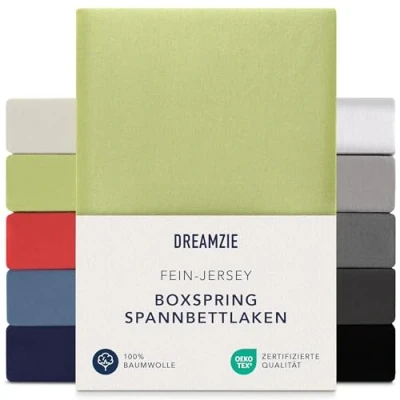 Abbildung von Dreamzie Premium Spannbettlaken 90x200 cm 100x200 37cm Seitenhöhe auch für Boxspringbett &amp; Wasserbett Bettlaken 100% Jersey Baumwolle, 150 g/m² Oeko TEX Grün