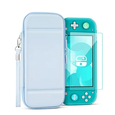 Abbildung von TNP Tasche für Nintendo Switch Lite, Hartschalen Tragetasche mit 10 Speicherplatz, Displayschutzfolie, 4 Joystick Kappen Daumengriffkappen, Armband, Schutzhülle Reisetasche Hülle Case, Blau