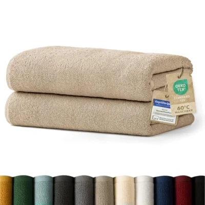 Abbildung von Blumtal Premium Frottier Handtücher Set 2 teilig 100% Baumwolle Oeko TEX zertifiziertes Badetuch 2X (70x140 cm) Ultra saugstarkes Frottiertücher waschbar 60 Handtuch Beige/Taupe