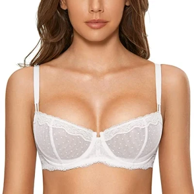 Abbildung von DOBREVA Balconette BH Damen mit Bügel Push Up Dirndl Spitze BHS Sexy Grosse Grössen Ungefüttert Weiss 80D