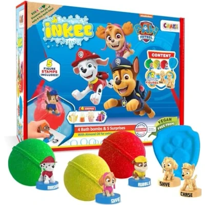 Abbildung von INKEE Geschenkbox PAW PATROL Box mit 4 Kinder Badebomben Mandelöl, enthält 5 verschiedene Pawpatrol Figuren zum Sammeln Badekugeln Überraschung