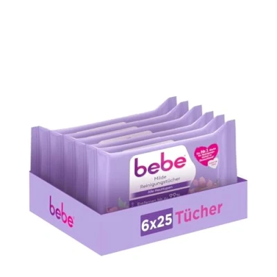 Abbildung von bebe Milde Reinigungstücher (25 Tücher), gründlich reinigende Abschminktücher für alle Hauttypen mit Aloe Vera &amp; Panthenol, Gesichtsreinigungstücher entfernen bis zu 99% wasserfestes Make up