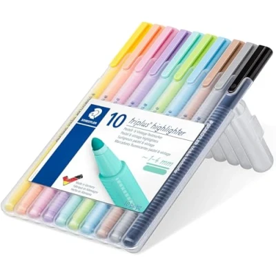 Abbildung von STAEDTLER Textmarker triplus highlighter, ergonomische Dreikantform, variable Spitze, ideal für kleingedruckte Texte, hohe Qualität Made in Germany, Set mit 10 Pastell Farben, 362 CSB10