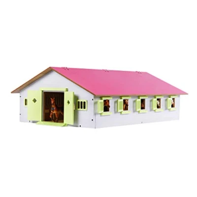 Abbildung von Kids Globe Farming Reiterhof rosa Bauernhof Pferdestall Holz 1:32 mit 9 Boxen, Spielzeug Pferdehof, praktischem Faltdach, für alle gängigen Tierfiguren 610188
