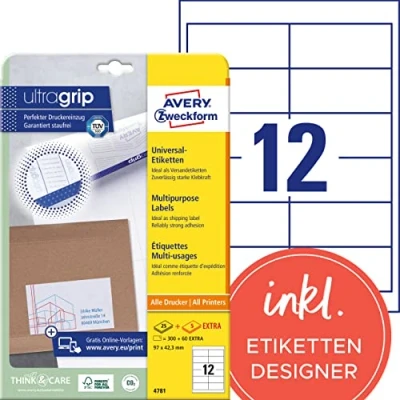 Abbildung von AVERY Zweckform 4781 Adressaufkleber (300 plus 60 Klebeetiketten extra, 97x42,3mm auf A4, Papier matt, bedruckbare Absenderetiketten, selbstklebende Adressetiketten mit ultragrip) 30 Blatt, weiß