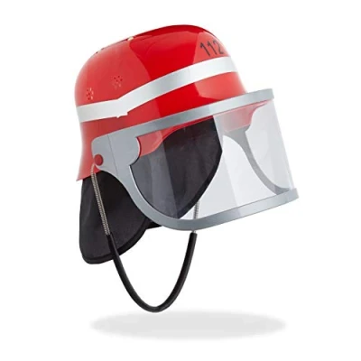 Abbildung von Relaxdays Feuerwehrhelm Kinder, mit Visier, Nackentuch &amp; Kinnriemen, verstellbarer Kopfumfang, Feuerwehrmann Helm, rot