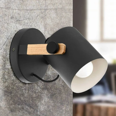 Abbildung von EGLO Wandlampe Hornwood, 1 flammige Vintage Wandleuchte im Industrial Design, Retro Lampe aus Stahl und Holz, Farbe: Schwarz, creme, braun, Fassung: E27