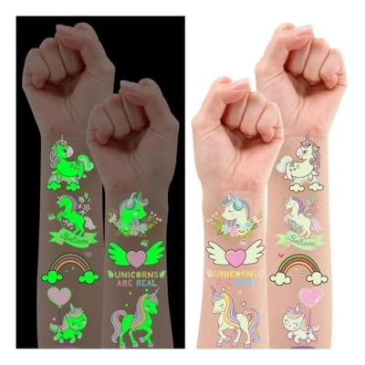 Abbildung von Leesgel Einhorn Tattoo Kinder, 34 Stile Leuchtende Temporäre Tattoos Aufkleber Kinder für Geburtstagsdeko Mädchen, Geschenk Mitgebsel Kindergeburtstag Mädchen Spielzeug