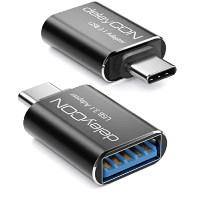 Abbildung von deleyCON USB C auf Adapter (2 Stück) Handy OTG 5 Gbit/s Thunderbolt 3/4 3.0 Kompatibel mit iPhone 15 Pro Max MacBook Air 2023 iPad Mini iMac Surface UVM. Silber