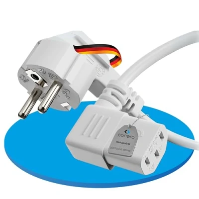 Abbildung von sonero Stromkabel Kaltgerätekabel 3 Polig, 10,0m, Schutzkontakt Schuko Stecker Netzstecker auf Kaltgerätekupplung C13 Buchse, 90 Winkel Netzkabel Netzteil Strom Kabel für Monitor PC Drucker, Weiß