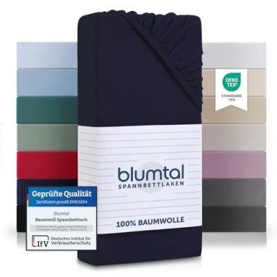 Abbildung von Blumtal® Basics Spannbettlaken 140x200cm Jersey Baumwolle Oeko TEX zertifiziertes Spannbetttuch Bettlaken 140x200 Laken Dark Ocean Blue Blau