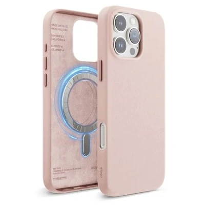 Abbildung von elago Magnetisch Leder Hülle Kompatibel mit iPhone 16 Pro Max 6,9 Zoll, Allen MagSafe Zubehör, Eingebaute Magnete, Veganes Leder, Stöße, Wasserfest (Lovely Rosa)
