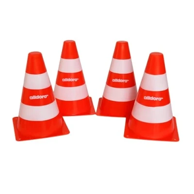 Abbildung von alldoro 60090 Pylonen Set, 4 Stück, Leitkegel Verkehrshütchen stapelbar, für Kinder ab 3 Jahre, weiß orange, 17x13x13 cm