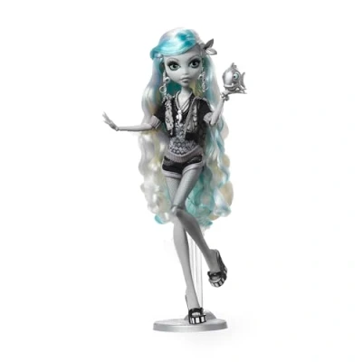 Abbildung von Monster High Puppe Lagoona Blue in Schwarzweiß, Reel Drama Sammlerpuppe, Poster Puppengröße und Lebensgröße, Horrorfilm Design, Spielzeug Geschenke, HKN30