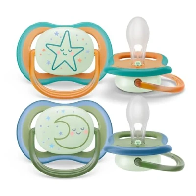 Abbildung von Philips Avent ultra air Nighttime Schnuller 2er Pack, BPA freier, atmungsaktiver, im Dunkeln leuchtender für Babys ab 18 Monaten, inklusive Transport und Sterilisationsbox (SCF376/23)