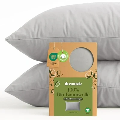 Abbildung von Dreamzie 100% Bio Baumwolle Kissenbezug 40x60 cm 2er Set Grau mit Reißverschluss Oeko Tex