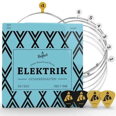 Abbildung von BELFORT® E Gitarren Saiten Erstklassige Nickel Gitarrensaiten für Gitarre (6 Set) inkl. 4 Plektren + Extra hohe Saite (Saiten Gitarre, Guitar Strings) Zubehör